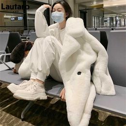 Lautaro Winter Warm White Faux Fur Coat Women Long Sleeve Lapel Double Breasted Luxury Elegant Fluffy Fake Rabbit Blazers 211215