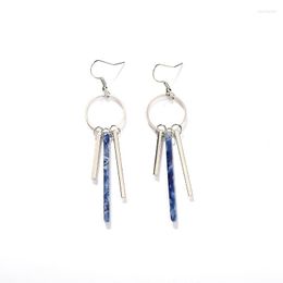Blue White Colour Blocking Little Stick Tassels Metallic Circle Dangle Earrings Silver Drop For Women & Chandelier