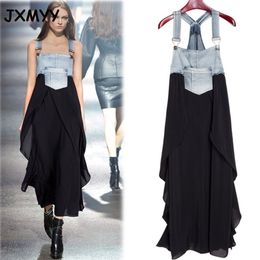 Summer Fashion Women's Large Size Loose Fashion Denim Stitching Chiffon Strap Skirt Thin Dress Trendy JXMYY M-3XL 210412