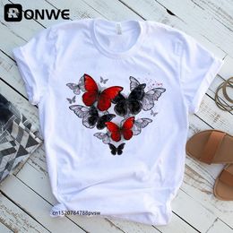 Women Red And Black Butterfly Fashion T Shirt Harajuku Korean Style Graphic Tops Valentines Day Female T-shirt Drop Ship