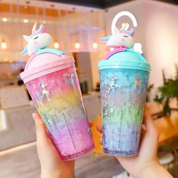Double layer refrigeration straw Water Bottles fashion gradient cute ice cup student couple summer office home beverage cup