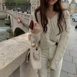 SHIJIA New Autumn Twist Sweater Woman V-neck Long-sleeve Loose knitting pullovers jumper female apricot warm knitted tops 210203