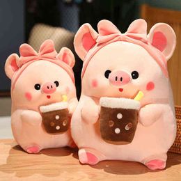 Beautiful Fat Pig With Milk Tea Hugs Kawaii Animal Doll Stuffed Soft Piggy Pillow Birthday Gift For Children Girl Baby J220704