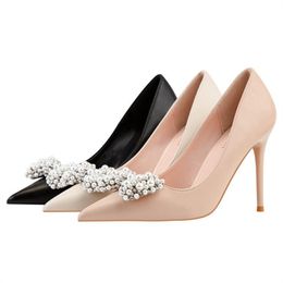 women's dress shoes European American fashion party high heels sexy pointed bead flower Bow Asakuchi Single shoes 6cm 9.5cm