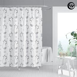 Mildew Resistant Black Cute Kitten Back View Star Polyester Kids Shower Curtain With Hook, Latest Waterproof Bathroom 220429