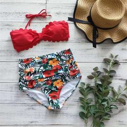 High Waist Bikini Set New Sexy Wave edge Top Printed Bottom Swimsuit Women Up Bathing Suit Beachwear Biquini Female T200508