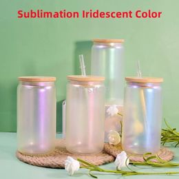 sublimation 12oz 16oz glass tumbler iridescent color glass can shimmering glasses with bamboo lid reusable straw holographic color beer juice can EE