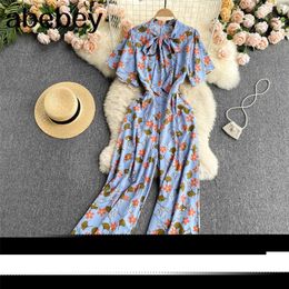 Women Retro Print Jumpsuits Korean Sexy Bow Collar Short Sleeve Lace Rompers Summer Off Shoulder Boho Long Rompers 210715