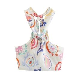 TRAF Halter Top Women Print Crop Female White Ruched Knot Strappy Camisole Summer Sleeveless Sexy Backless Tank s 220318