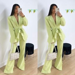 Fashion Green Women's Blazer Suits 2022 Elegant Bridesmaid Dress Long Sleeved Ladies Outfits with Belt Two Pieces Jacket Pants