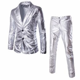 shiny silver jackets Canada - Wholesale retail Coated Gold Silver Black Jackets Pants Men Suit Sets Dress Brand Blazer Party stage show shiny clothes 220527