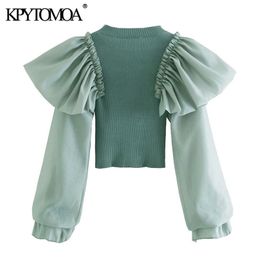 KPYTOMOA Women Fashion Ruffle Patchwork Cropped Knitted Sweater Vintage Long Sleeve Stretch Slim Female Pullovers Chic Tops 201204