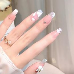 False Nails White Heart Fake With Designs Gradient Rhinestone Pearl Coffin Artificial Tips Bow Long Ballerina Nail Z1348 Prud22