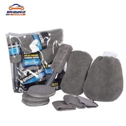 9Pcs Microfibre Car Wash Cleaning Tools Set Gloves Towels Applicator Pads Sponge Car Care Kit Wheel Brush Car Cleaning Kit 201214202O