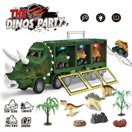 Dinosaur Transport Truck Pull Back Dino Car Vehicle Container Storage Model Lighting Music Kids Toys Boys Children Birthday Gift 220507
