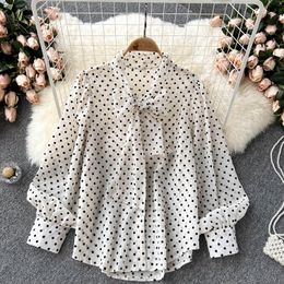 Spring Fashion design women's lantern long sleeve cute lacing bow collar chiffon polka dots print blouse shirt tops