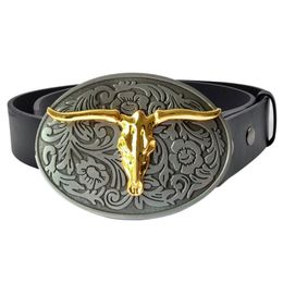 Belts Ify Drop Oval Cowboys Animal Golden Bull's Head Man Belt Buckle With 40mmBelts