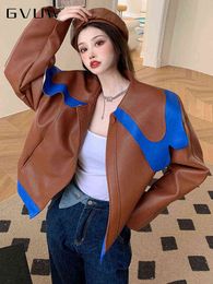 GVUW Brown Female Leather Jackets Coat Women's Autumn Design Sense Motorcycle Lether For Women Short Temperament Top Tide L220728