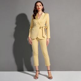 Women's Two Piece Pants Spring Female Office Wear Blazer Pant Suit Pieces Set Women Belted Jacket Wide Leg Elegant SetWomen's