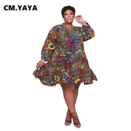 CM.YAYA Women Plus Size Dress Print Full Sleeve O-neck Knee Length Loose Maxi Dresses Sexy Fashion Vestidos Autumn Outfits 220516