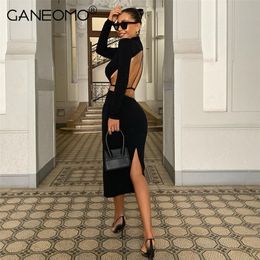 Elegant Backless Long Sleeve Slit Bodycon Dress for Women's Black Cut Out Sexy Party Evening Midi Dresses Autumn Woman Clothes 220509