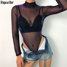 Rawpriter Sexy Transparent Women Discolour Mesh Bodysuit Black Fall Turtleneck Long Sleeve See Through Open Crotch Bodysuit 201007