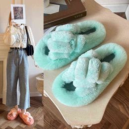 Women Slippers New Style Woolen Slipper 's Large Size Thick Bottom Cross Gradient Small Rabbit Hair Fashion Home 0718