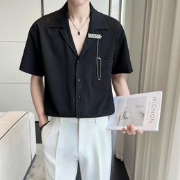 Men's Casual Shirts Summer Black White Pleated Shirt Men Fashion Society Mens Dress Korean Loose Short Sleeve M-2XLMen's