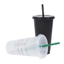 710ml Black White Straw Cup With Lid Colour Change Coffee Reusable s Plastic Tumbler Matte Finish Mug 220714