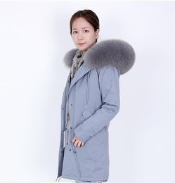 Gray White Rex Rabbit Fur Lining Long Jacket Outdoor Women Parkas Grey Fox Fur Trim Mukla Furs Brand
