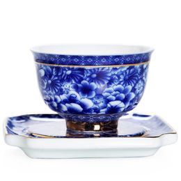 Small Tea Cup With Saucer Flower Blue and White Porcelain Tea Bowl Jingdezhen Ceramic Kung Fu Teacup Coffee Beer Wine Mug