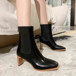 BootsAnkle Boots Female British Style 2021 Winter Autumn Single Boots Square Toe Thick Heel Thin High Heels Slip On Short Boots G220813