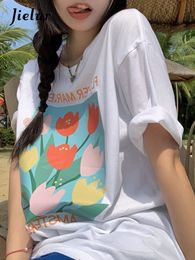 Jielur Basic Floral Printed Womens Tshirts Summer Korean Fashion Female TShirt White Black Short Sleeve Loose BF Harajuku Top 220615