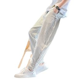 Arrival Men's Elastic Waist Cotton and Linen Trousers Men Stripe Harem Pant Ankle Length Pants Male Mens Fashion 220816