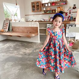 15945 Baby Girls Florals Dress Ruffles Sleeve Kids Princess Dress Children Lace Up Casual Dresses