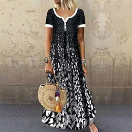 Women Elegant Long Dress Single Breasted V neck Boho Print Party Dresses Ladies Vintage Button Casual Maxi Dress 210319