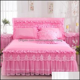 Bed Skirt Bedding Supplies Home Textiles Garden Beige Princess Lace Bedspread 3Pcs/Set Ruffles Sheet Cotton Pillowcase Decorative Twin/Que
