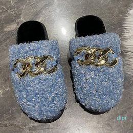 2022-Slippers Shoes Women Winter Furry Home Flip Flops Female Indoor Metal Chain Fur Slides Ladies Fashion House