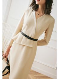 Casual Dresses Collar With White Edge Dress Women S Professional Fashion Ol Spring Long Sleeve V Neck High Waist ButtockCasual