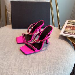 Pantofole a punta quadrata con strass impreziositi da cristalli Meduza scarpe con tacco alto sandali in raso da donna scarpe da designer di lusso calzature da sera con cinturino posteriore