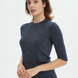 Sueter Mujer O Neck Shiny Lurex Sweater Women Casual Spring Pullover Knit Jumper Half Sleeve Tops Black Grey Beige White 220816