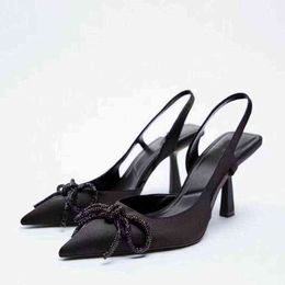 Sandals New Women Shoes 2022 Black Bright Bow Button High Heels Muller Shallow Mouth Stiletto Pumps 220411