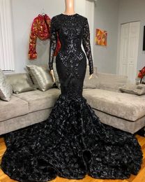Prom Dresses Lace Frican Black Girl Sexy Sequin With D Flowers Sheer Long Sleeve Mermaid Evening Ocn Gowns