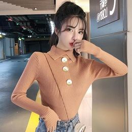 Women's Sweaters Women 2022 Lapel Slim Top Collar Autumn Ladies Hollow Button Pullovers Sexy Long Sleeve O Neck Causal Knit SweaterWomen's W