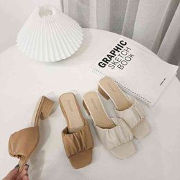 Women's Pleated Slippers 2022 Summer New Korean Fashion Open Toe Beach Shoes for Women with High Heels Casual Sandals Female 047 G220518