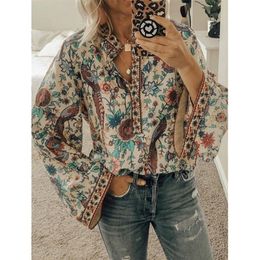 CINESSD Women Print Blouses Casual Loose Tops Stand V Neck Long Sleeves Button Plus Size Pullover Female Tee Shirts Blouse 220513