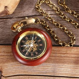 Round Wooden Mechanical Pocket Watch Luxury Red Black Wooden Watch Hand Winding Skeleton Fob Watches Men Women Clock Gifts Reloj T200502