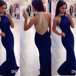 custom new beading sexy back mermaid prom gowns see through halter elegant pageant formal beaads prom dresses plus size party