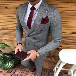 Tweed Double Breasted Male Suit Grey Slim Fit Fashion Wedding Suits for Men Prom Blazer Sets Groom Tuxedo Trouw Pak Man 220817