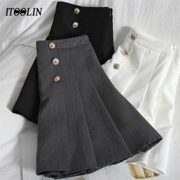 ITOOLIN y2K Pleated Mini Skirts Women Button High Waist School Female A-line Jupe Femme Harajuku Black All Match Skirt 220317